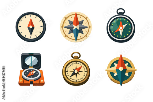Collection of six different compass icons for navigation and travel purposes