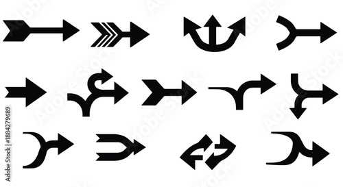 A comprehensive collection of black arrow icons in various styles and directions, including single, double, split, and curved designs, isolated on a white background.
