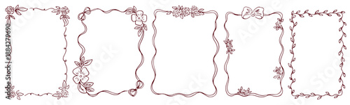 Hand drawn whimsical floral frames collection. Vintage coquette botanical spring flower wreath with bows and ribbons. Vector ornamental design with flower, curls for poster, wedding and invitations.
