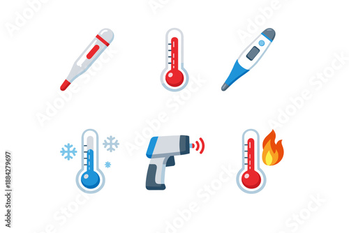 Collection of various thermometer icons representing temperature measurement and health monitoring