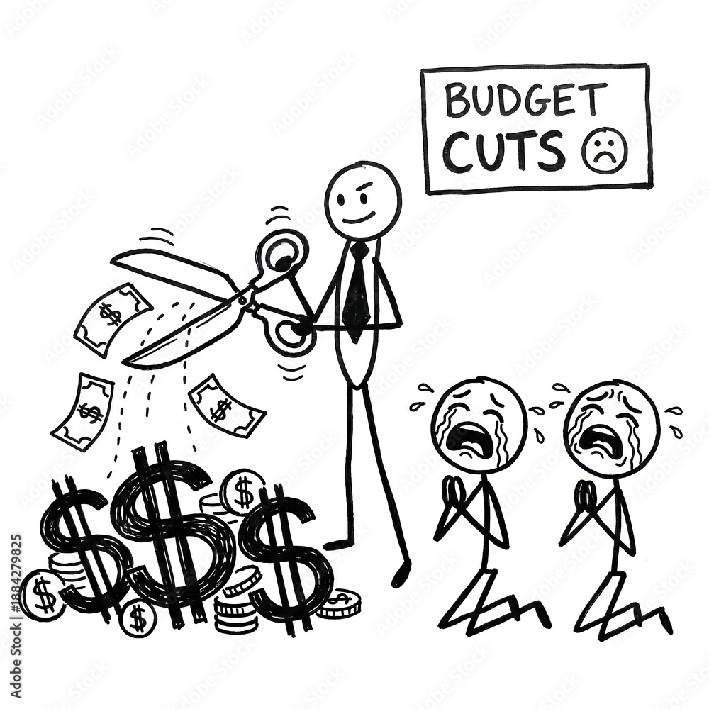 Obraz premium Hand-drawn stick figure illustration of a manager announcing budget cuts by cutting money symbols with scissors