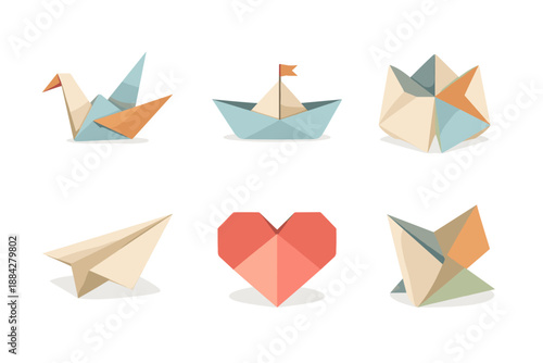 Collection of six flat design origami paper crafts including a crane, boat, and heart