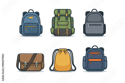 Collection of diverse backpack and bag illustrations in a clean, modern cartoon style