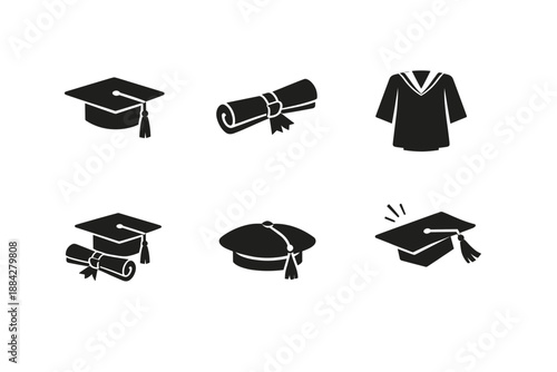 Collection of graduation icons including caps, diplomas, and academic gowns
