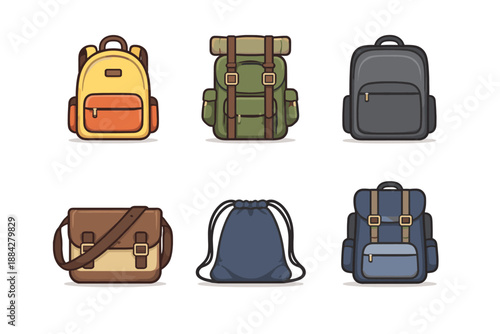 Collection of six different types of bags and backpacks in a flat design style