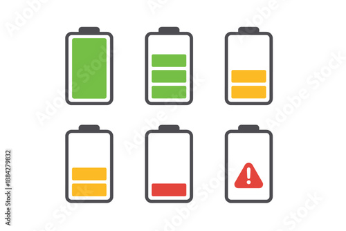 Collection of battery charge level indicators showing full to empty and warning states