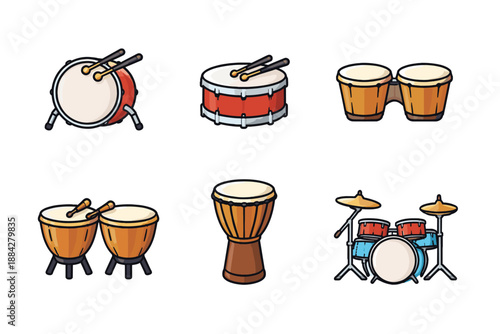 Collection of various percussion instruments and drum kits, illustrated in a simple cartoon style