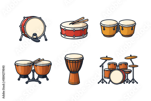 Collection of various percussion instruments and drum kits in a flat design style