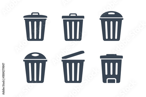 Collection of various dark blue trash can icons on a white background