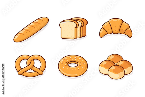 Collection of cartoon-style baked goods including a baguette, sliced bread, croissant, pretzel, bagel, and buns