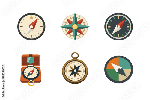 Collection of six flat design compass icons for navigation and direction