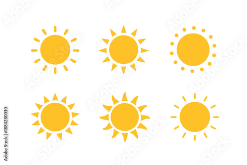 Collection of six simple yellow sun icons with different ray styles on a white background