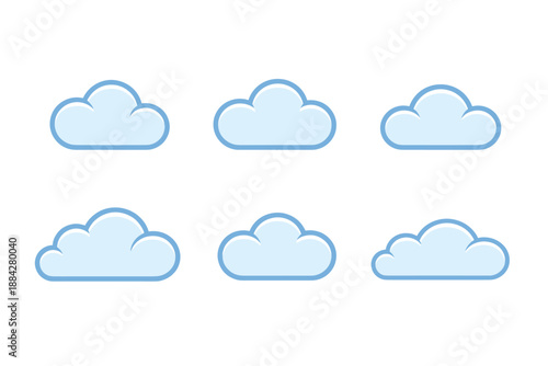 Set of six simple blue and white cartoon clouds on a white background