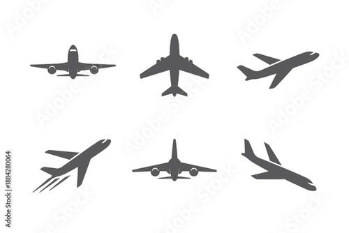 Collection of six airplane icons in various flight positions and angles