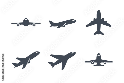 Collection of six stylized airplane icons in various flight positions and perspectives