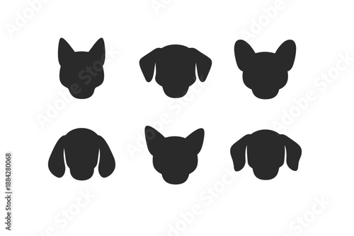 Collection of six distinct dog head silhouettes in a simple, clean graphic style