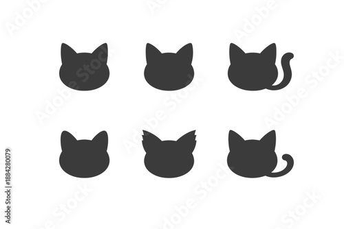Collection of six different dark grey cat head silhouettes on a white background
