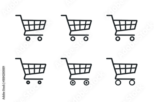 Set of six shopping cart icons in a clean, minimalist line art style