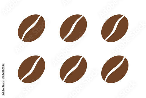 Six brown coffee beans arranged in two rows on a white background