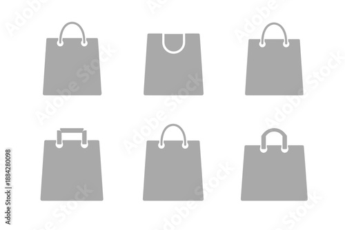 Collection of six different grey shopping bag icons on a white background