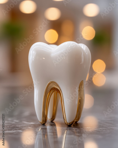 Whitening gradient tooth icon in sharp focus with blurred modern dental clinic interior