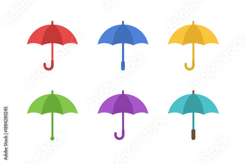 Collection of six colorful umbrellas arranged in two rows on a white background