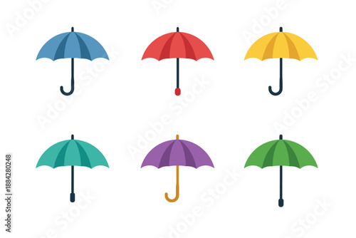 Collection of six colorful umbrellas displayed in two rows on a white background