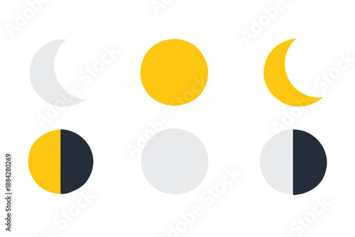 Set of flat icons representing different phases of the moon and sun