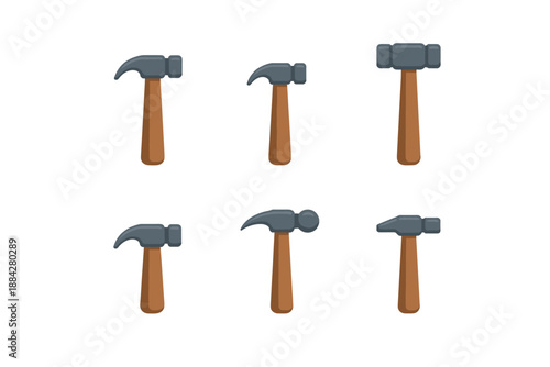 Collection of six different types of hammers with wooden handles on a white background