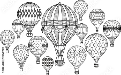 Vintage hot air balloon line art vector illustration set, hand drawn engraving style aerostat collection isolated on white background for travel design