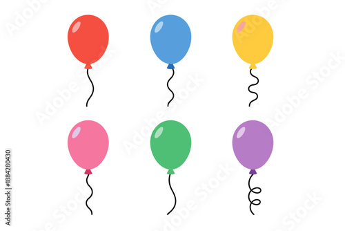 Collection of six colorful balloons with strings, isolated on a white background