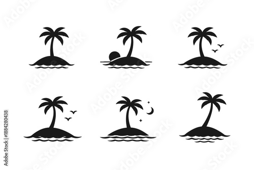 Minimal tropical island icons set with palm tree silhouettes showing day, sunset and night scenes