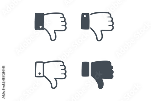 Set of four minimalist thumbs-down icons for negative feedback in outline and solid flat styles