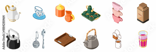 Isometric collection of tea ceremony accessories, including teapots, cups, kettles, strainers, and serving ware, isolated on white background.