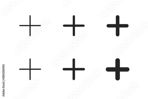 Collection of six plus symbols in varying line weights and styles on white background