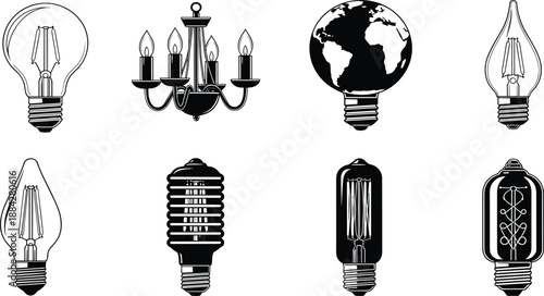 Vintage light bulb silhouette collection featuring classic, decorative, energy saving, and creative lamp designs isolated on white background for design, branding, and illustration use