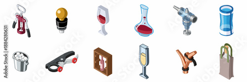 Isometric icon set of essential wine and bar accessories, featuring corkscrews, decanters, glasses, ice buckets, stoppers, and storage solutions.