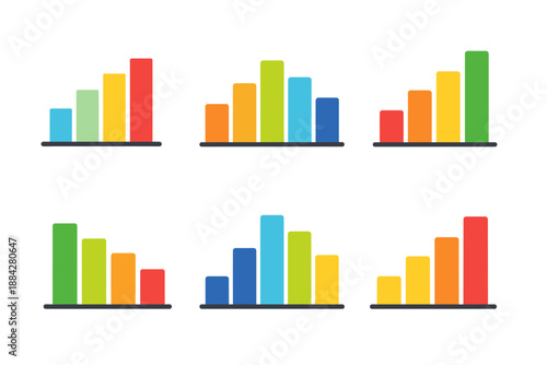 Collection of colorful bar charts showing different growth and decline trends