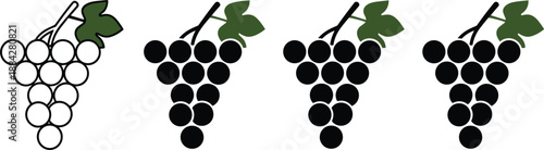 Set of grape bunch icons in outline and silhouette styles with green leaves for wine, fruit, and organic food.