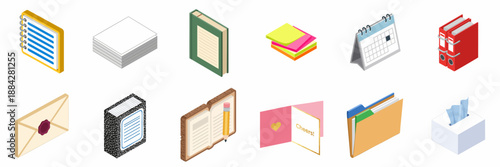 Isometric Office and Stationery Supplies Icon Set: Notebooks, Binders, Calendar, Paper Stacks, File Folders, and Writing Materials Collection.