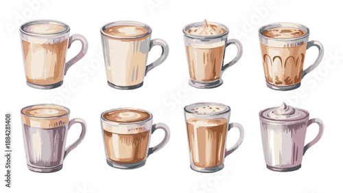 Collection of Delicious Coffee Drinks in Glass Cups.
