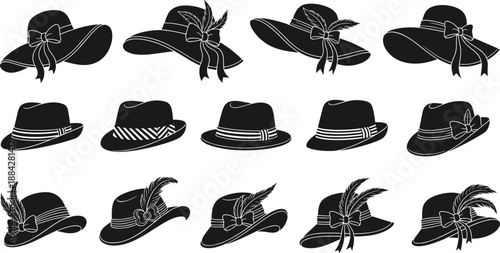 Vintage women and men hats silhouette collection vector illustration, classic fashion accessories with ribbons and feathers, black and white design isolated