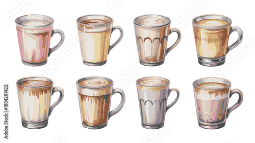 Collection of Watercolor Coffee Drinks in Glass Mugs.