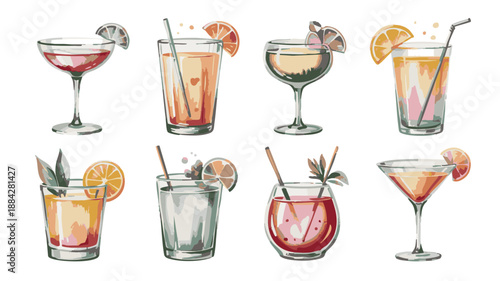 Collection of Refreshing Watercolor Cocktails and Drinks.
