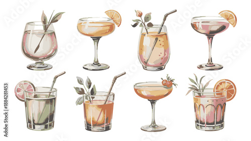 Collection of Refreshing Cocktails in Elegant Glasses.