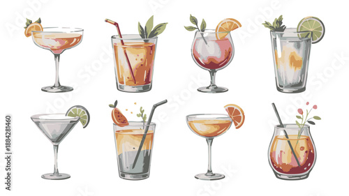 Collection of Refreshing Watercolor Cocktails and Drinks.