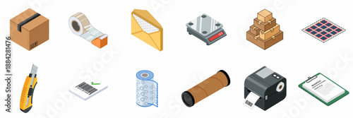 Isometric Logistics and Shipping Tools Icons Set: Parcel Box, Scale, Tape, Printer, Barcode, Stamp, and Packaging Supplies for Postal Service and Delivery.