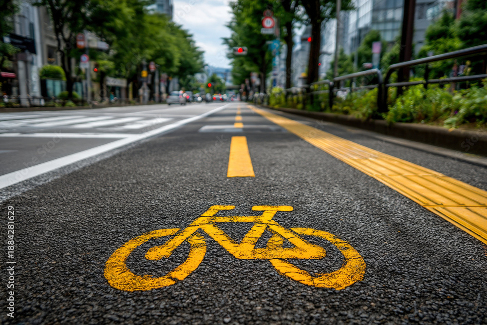 Obraz premium Urban bicycle lane marking on asphalt, painted bike symbol and guiding stripe