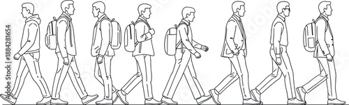 Walking Men Line Art Vector Set, Students and Businessmen in Casual and Formal Attire with Backpacks, Depicting Commuting, Travel, and Urban Lifestyle Concepts