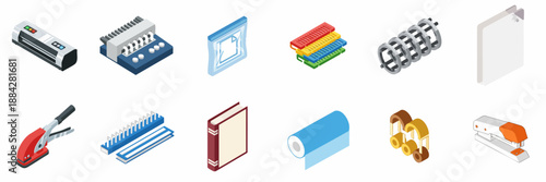 Isometric icons set of office supplies for document binding, laminating, punching, and presentation materials isolated on white background.